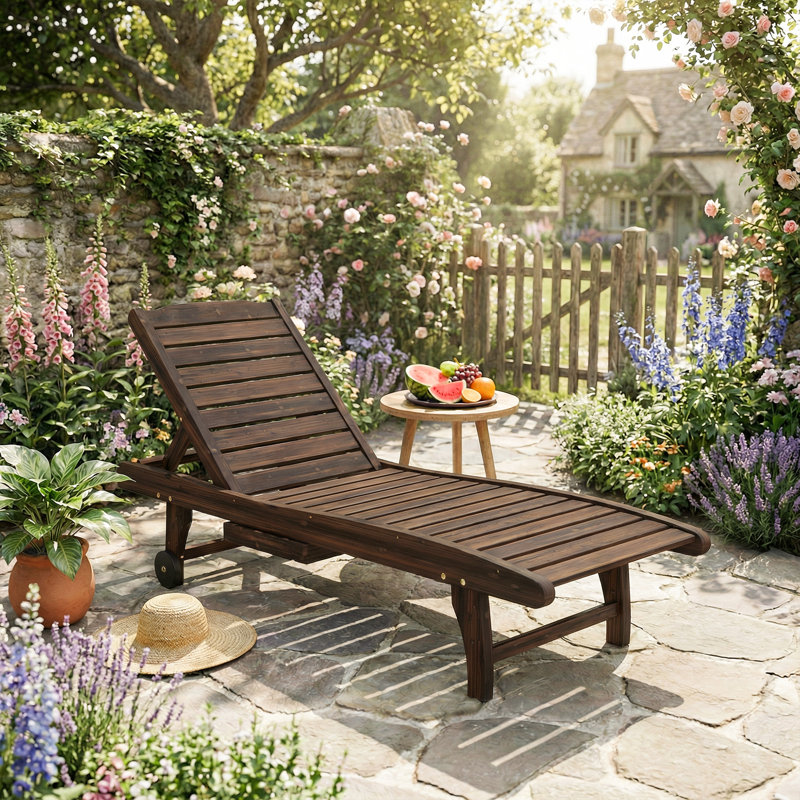 Outsunny Garden Patio Sun Lounger with Built-In Table Carbonised Finish