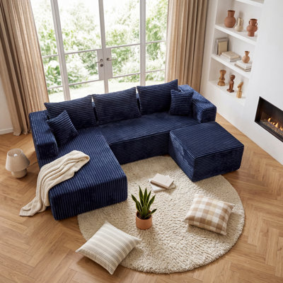 U-Shaped Modular Sectional Sofa, Flannel Upholstered Couch with Ottoman and Pocket Springs, Compression Roll-Pack Sectional Sofa with 5 Pillows No Assembly Required,Blue