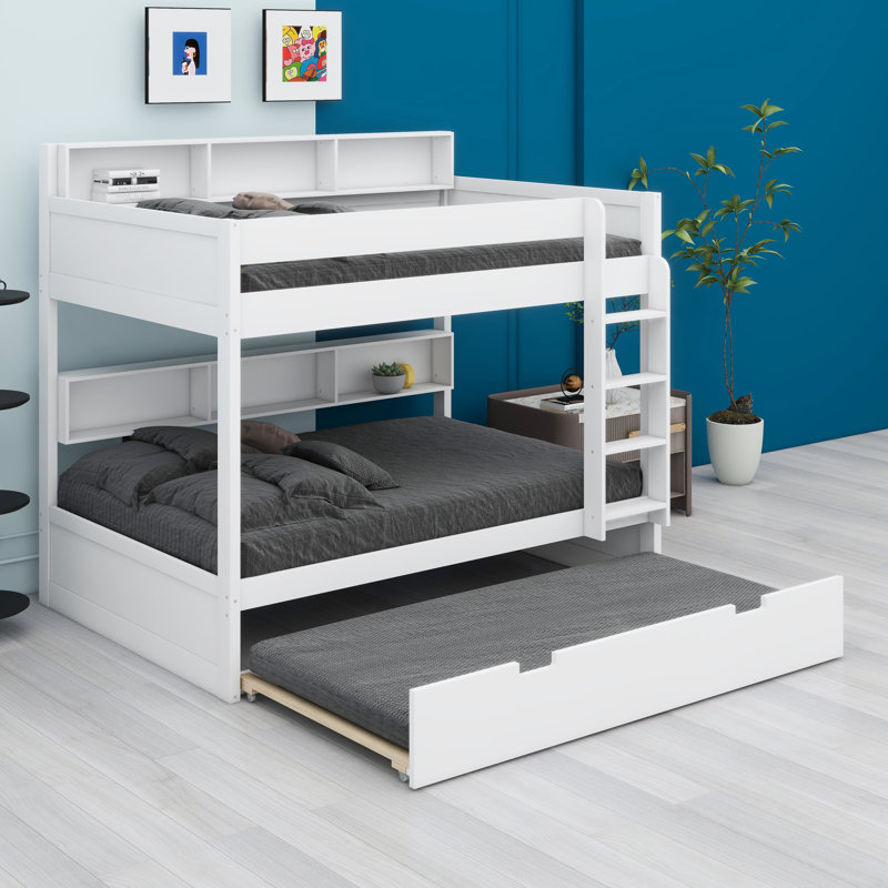 Bunk Bed with Roll-Out Trundle for Extra Sleeping Space, White