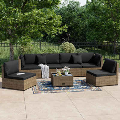 Ensemble de conversation de patio 7 pièces - Canapé modulaire d'extérieur en rotin PE avec coussins et table basse en verre