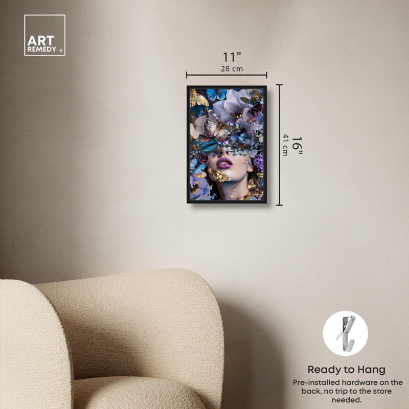 «Lavender Butterflies», art mural collage sur toile par Art Remedy, Cadre noir, H 31 po x l 21 po