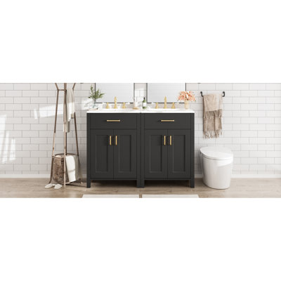 Modern 48-Inch Bathroom Vanity With Double Ceramic Sinks, Soft-Close Doors, U-Shaped Shelf, And Stylish Gold Handles For Storage Hinges, Aesthetic Design