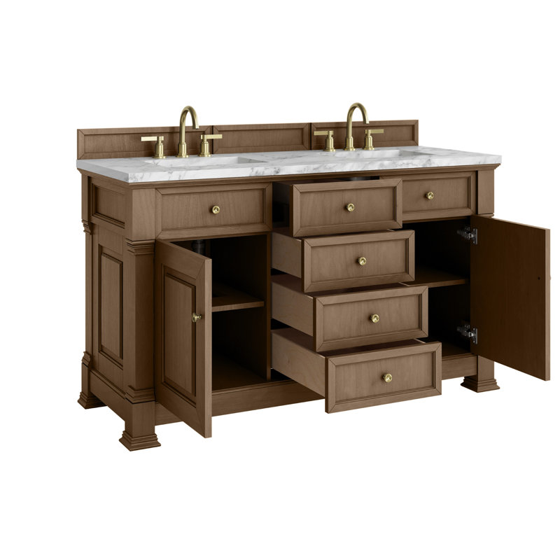 Meuble-lavabo double l 60 po Brookfield, Pacanier, Blanc de Carrare, À entraxe