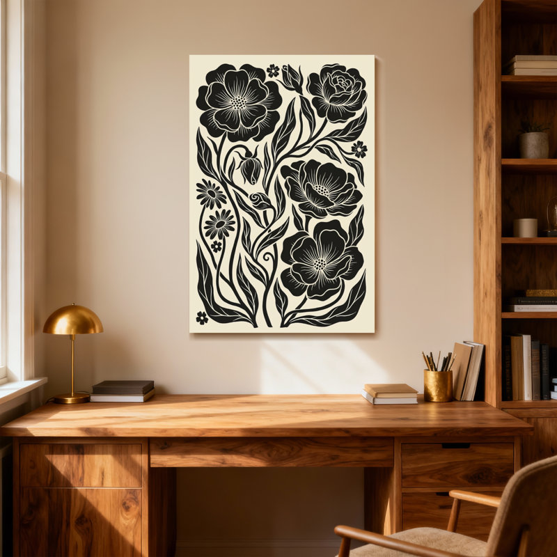 Plantes et fleurs, motif floral noir et blanc, H 30 po x l 20 po