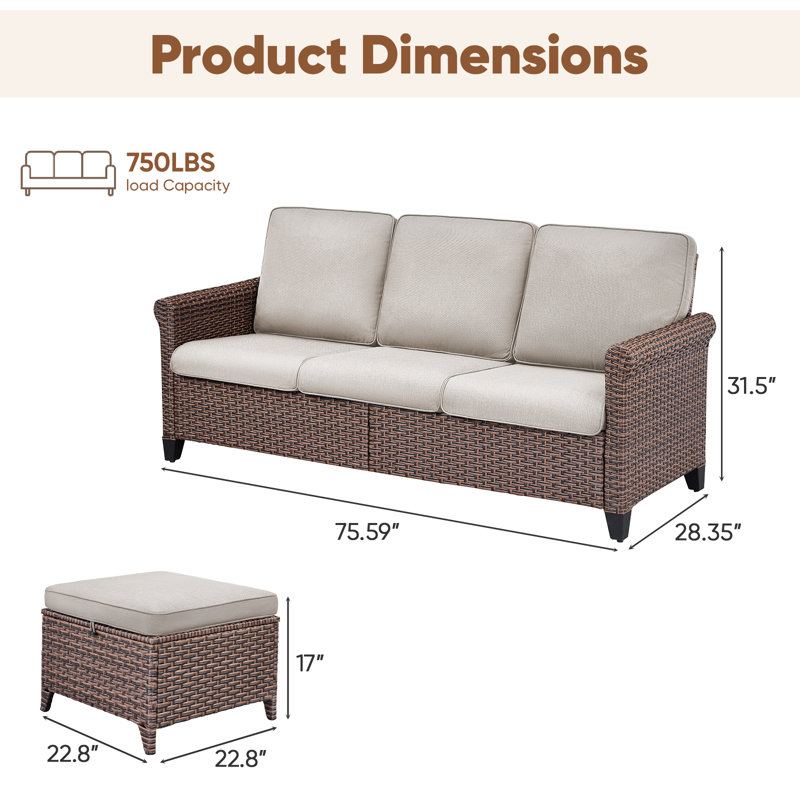 Ensemble de canapé d'extérieur en osier 3 pièces avec repose-pieds, Beige