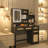Multifunctional Makeup Vanity with Adjustable LED Lights, Ample Storage, and Rattan Design for Organized Beauty Routines-218322325