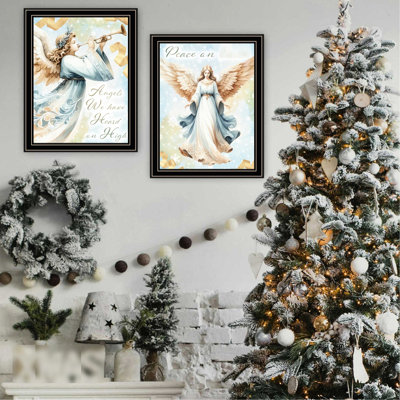 2 anges, art mural pour la maison. Salon décoratif. Cadre en bois multicolore + papier, P 17,83 po, l 0,97 po, H 14,3 po, 5,09 lb Art. Et chambre à coucher. Bois et papier, prêt à l'emploi