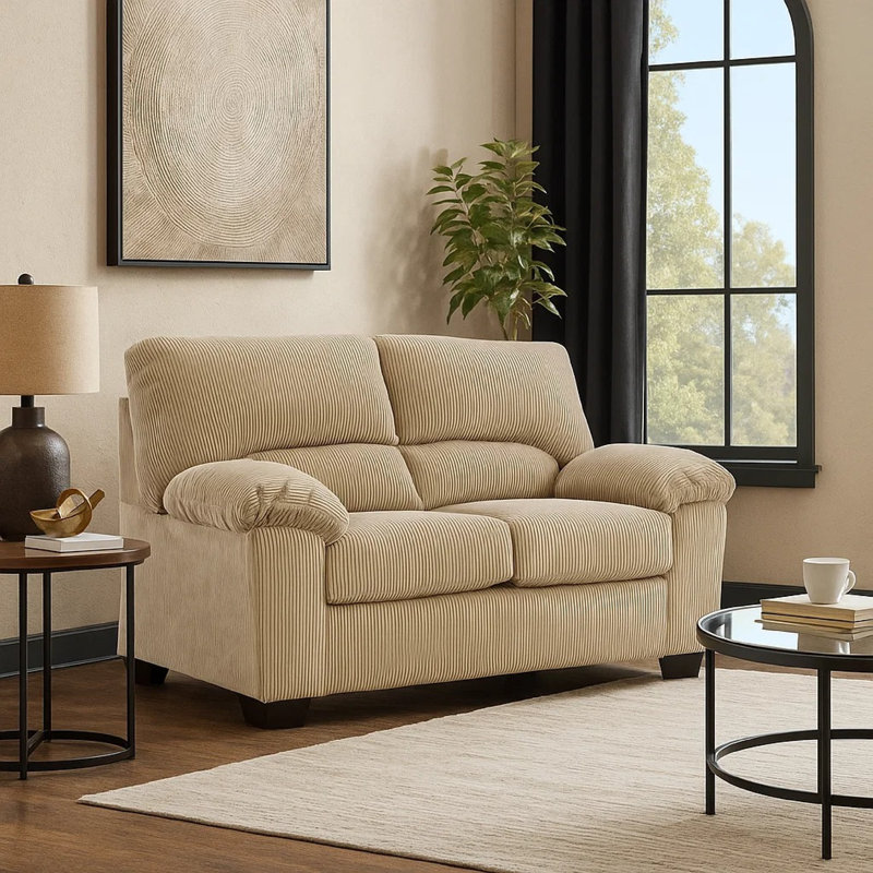Causeuse Simy, velours côtelé de polyester de 63 po, accoudoirs coussinés, Mélange de polyester beige