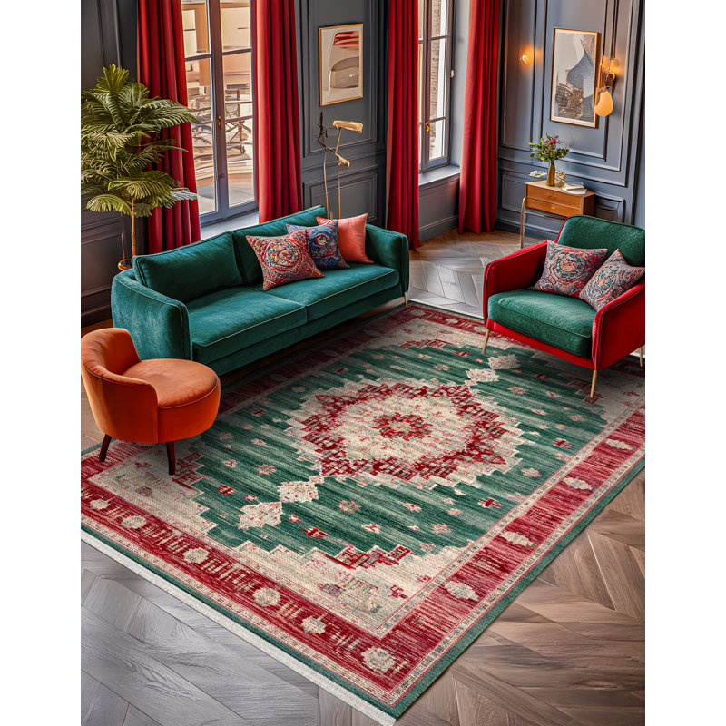Tapis oriental en polyester beige et bleu Girirj, Tapis de couloir 4 pi x 11 pi 6 po
