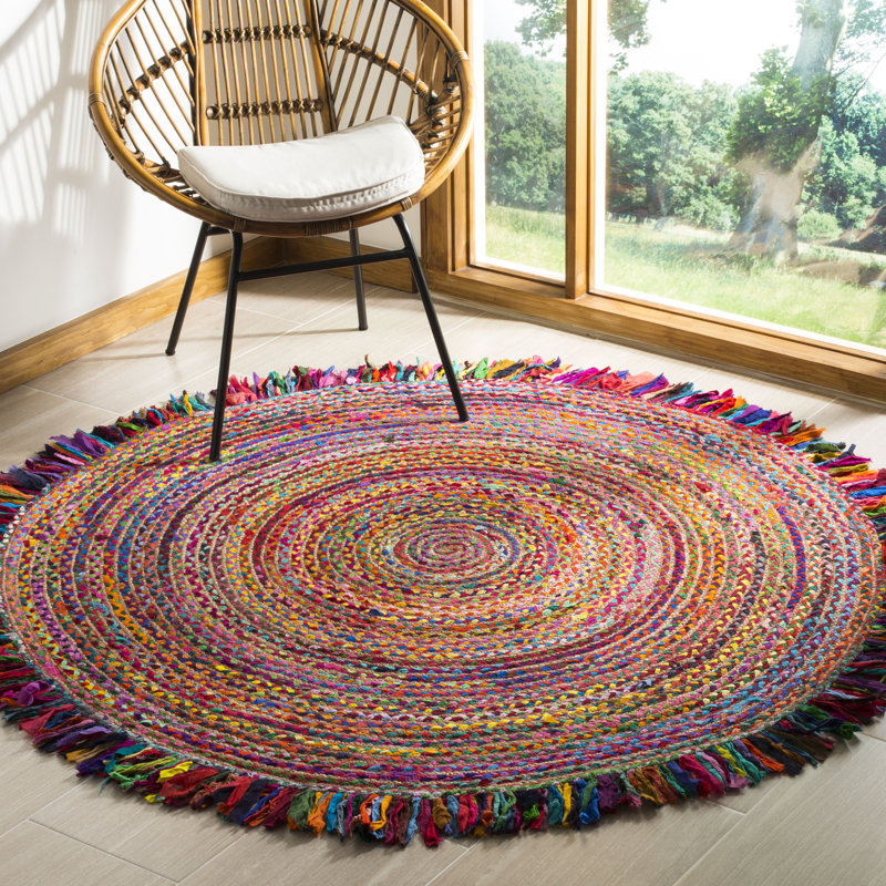 Abhay Hand Woven Cotton/Jute Rug in Ivory/Red, Round 5'