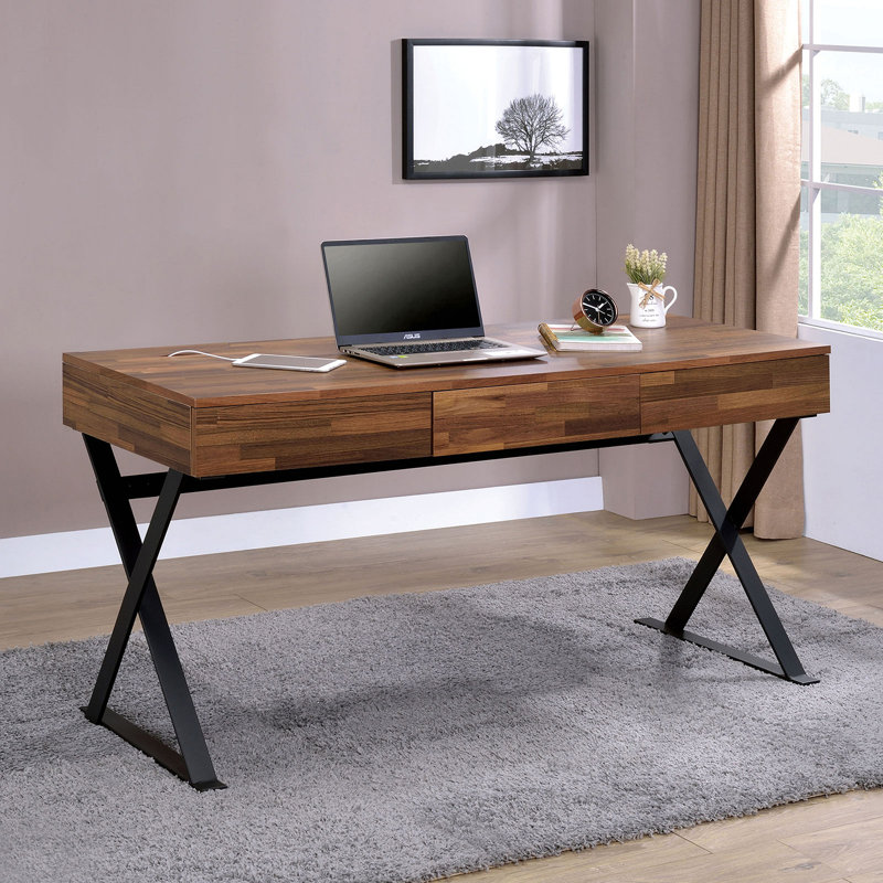 Bureau d'ordinateur avec trois tiroirs de rangement USB et prise de courant, pieds en X
