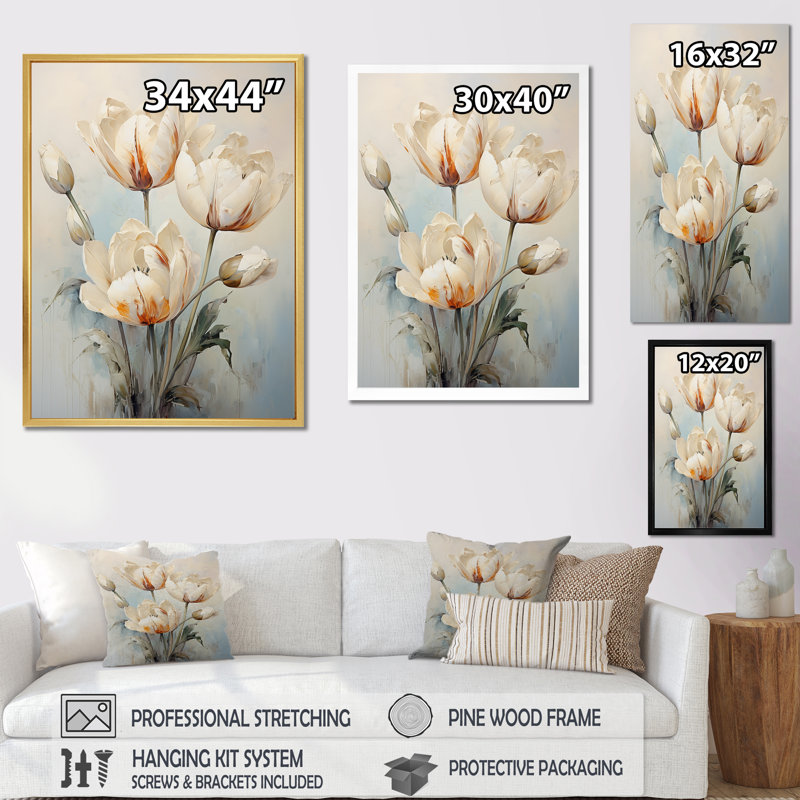 Minimalisme, symphonie de tulipes beiges sur toile, H 20 po x l 12 po x P 1 po, Cadre naturel flottant