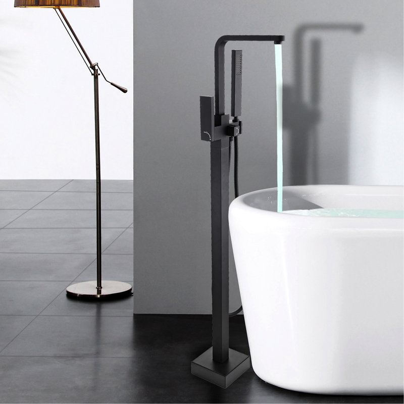 High Matte Black Freestanding Bathtub Faucet With Stylish Shower Head And Hand Metal Adjustable