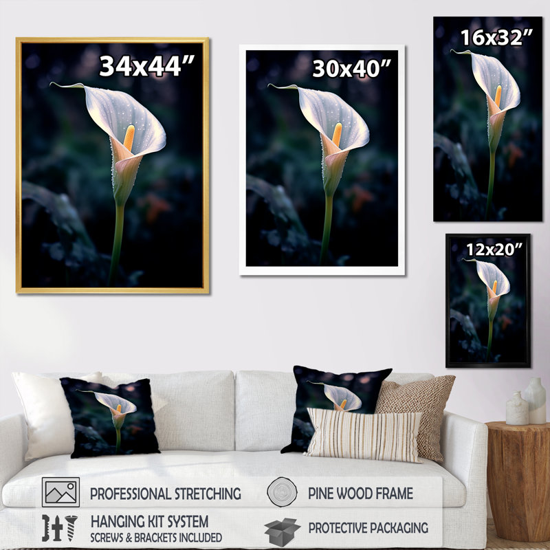 Calla Lily Moonlight Magic sur toile, H 32 po x l 16 po x P 1 po, Cadre simple argenté