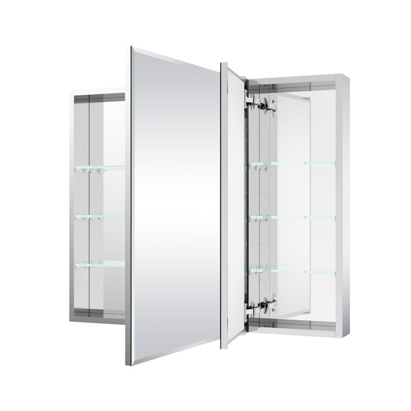 Ensemble miroir de salle de bain encastré ou en saillie de 91,4 cm (L) x 76,2 cm (H) avec armoire à pharmacie biseautée et étagères en verre ajustables