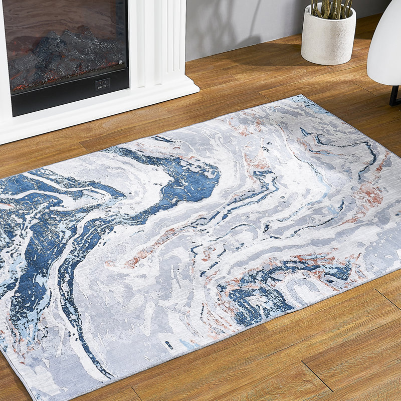 Kasperitis Non-Slip Machine Washable Abstract Area Rug in Blue/White/Grey for Living Room, Bedroom, Hallway Runner Indoor Rugs