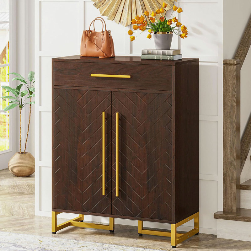 Armoire à chaussures 31,5 "en bois noyer et or avec portes