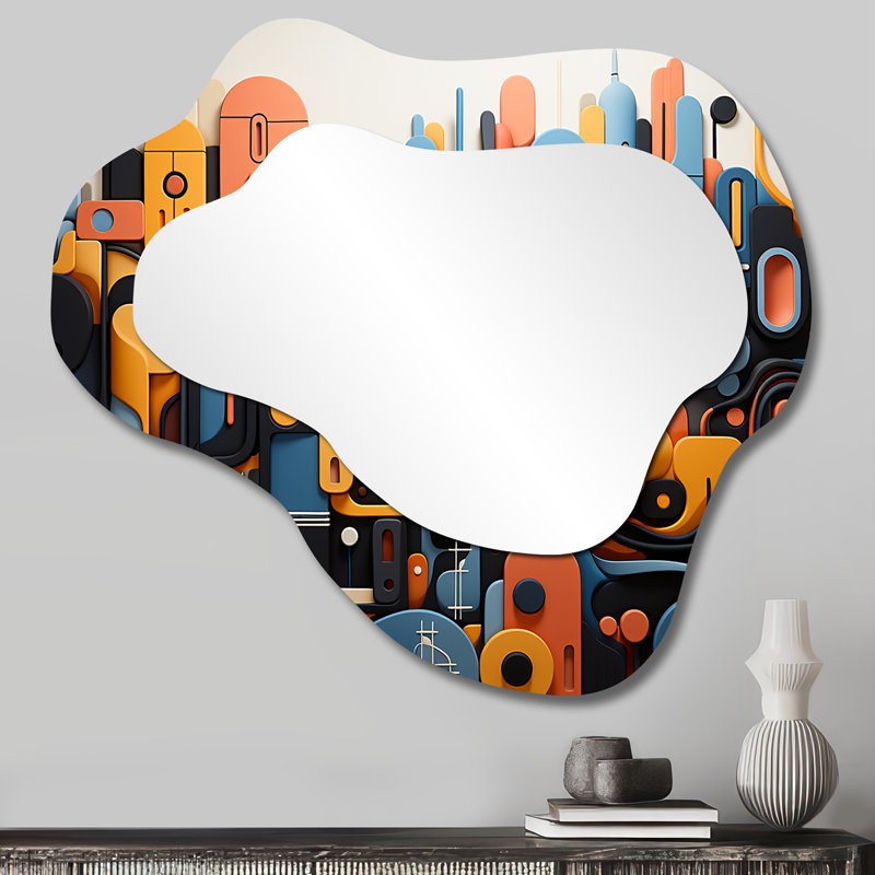 Blue And Yellow Dynamic Abstract Shapes Fusion I - Irregular Abstract Modern Unique Wall Mirror, 25" x 28"