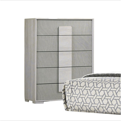 Commode à tiroirs en queue d'aronde de style contemporain 1pc deux tons centre glissières en métal panneaux de bois blanc délavé et finition de pierre gris