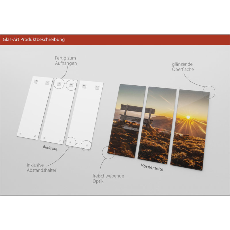 Bench & Horizon - No Frame Print on Glass, Decimus 3 Piece Glass Set, 80cm H x 90cm W
