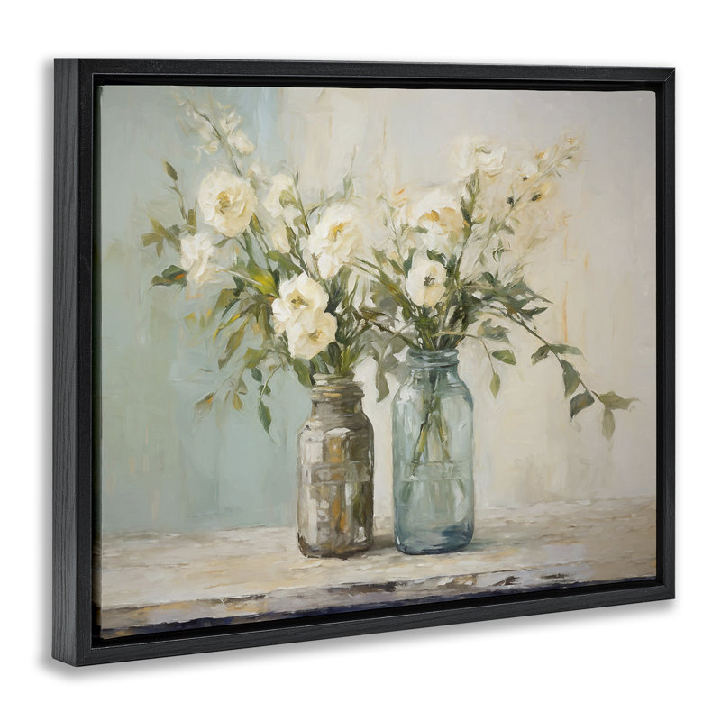 «Mason Jar Bouquet» par Ramona Murdock, Cadre flottant noir de jais, H 17 po x l 21 po