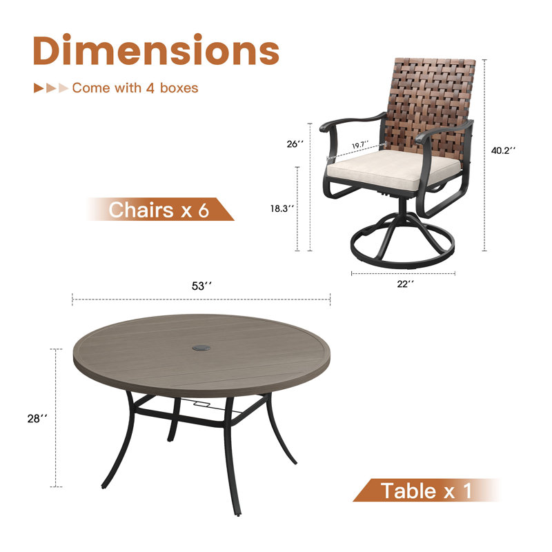 6-Person Round Outdoor Dining Set with 53" Dining Table and 6 Swivel PE Rattan Chairs & Cushions, Brush Wood Gray