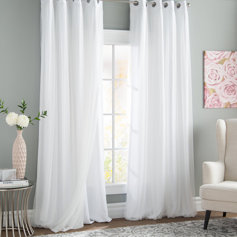 Fortuna Brockham Solid Tulle Overlay Room Darkening Grommet Curtain Panels, Bright White, 52" W x 108" L
