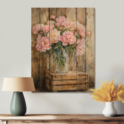 «Farmyard Peony Bouquet In Vase II», art mural en bois assorti - sur bois de pin naturel