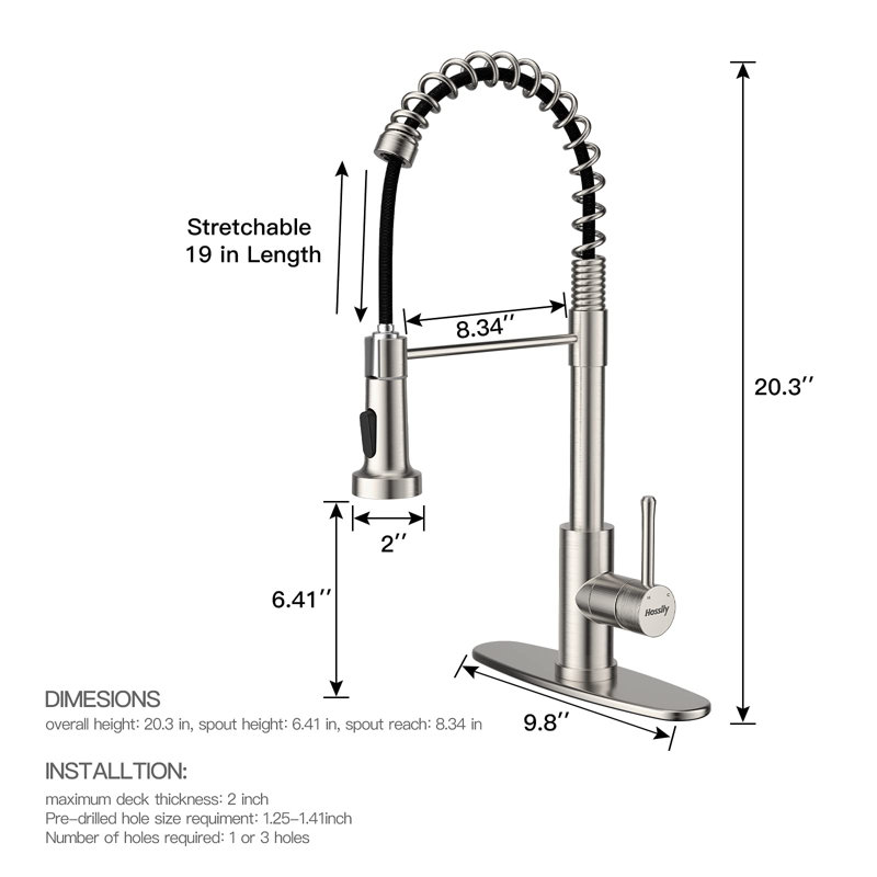 Robinet de cuisine rétractable à poignée simple avec accessoires, Argent