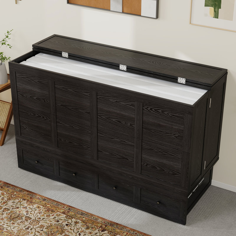 100% Soild Wood Murphy Bed with Foldable Mattress, Queen Size Bed Built-in Charging Station, Black, Black