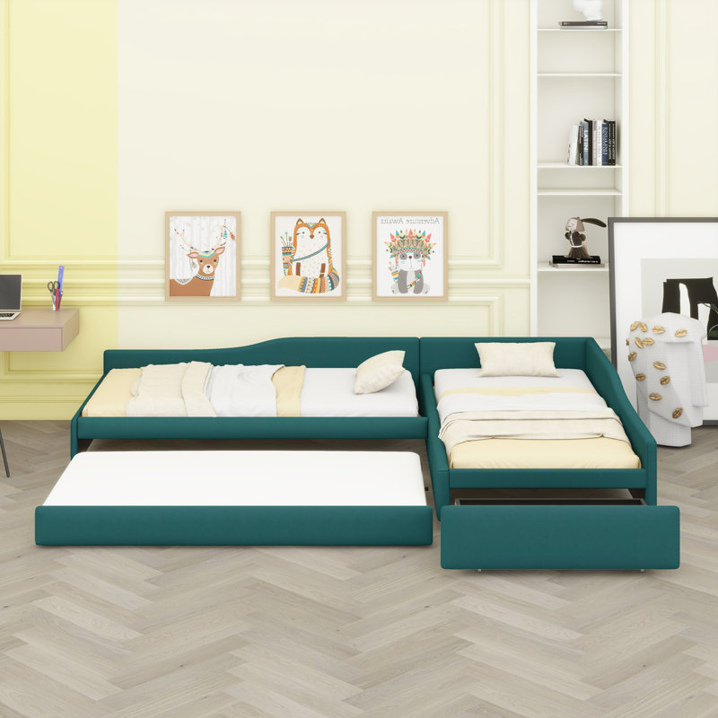 Lit de jour avec design rembourré, lit gigogne et tiroir sous le lit, Vert
