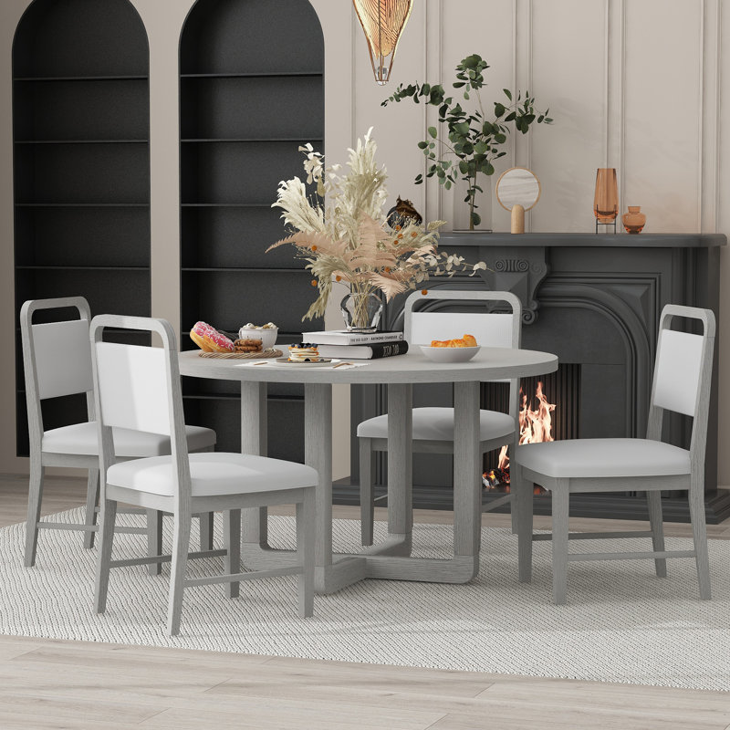 Ensemble de salle à manger rétro 5 pièces avec table ronde à motif de grain de bois et 4 chaises rembourrées, Gris