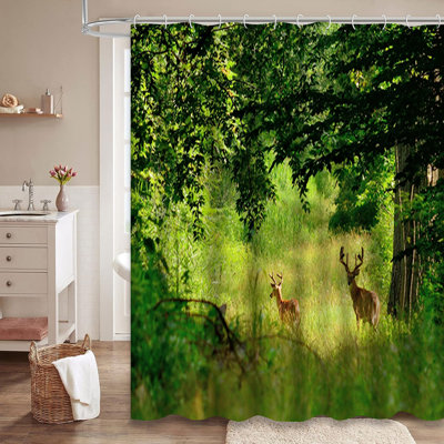 Deer Summer Velvet Standing Opening Woods Forest Buck Wildlife Shower Curtain with 12 Hooks