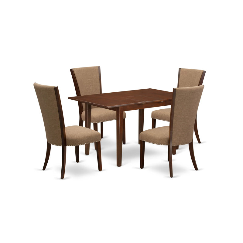 5 Piece Dining Table Set for 4 Includes a Rectangle Kitchen Table with Butterfly Leaf and 4 Light Sable Linen Fabric Parsons Chairs, Mahogany