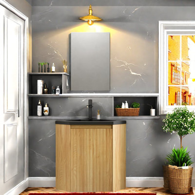 Meuble-lavabo compact compact avec lavabo en résine, design moderne en grain de bois naturel, solution de coin de salle de bain