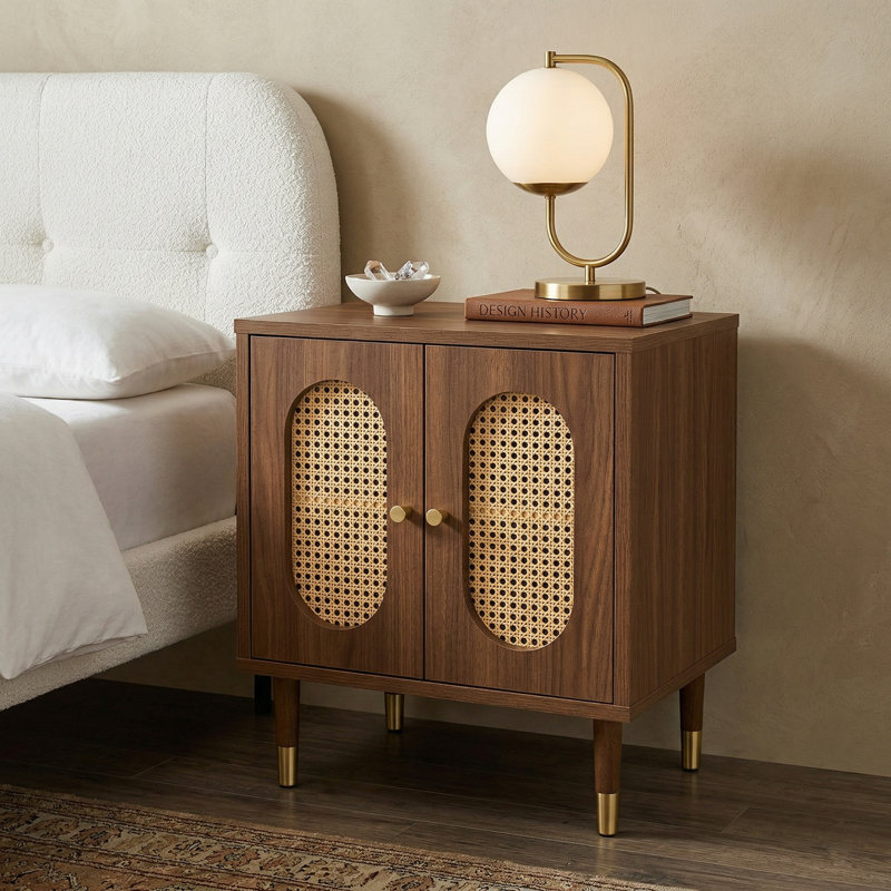 Lille 2 Door Rattan Bedside Cabinet, Walnut