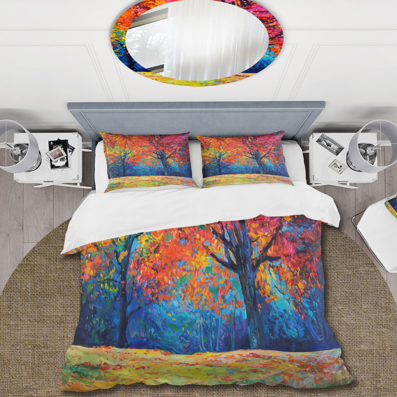 Arbre rouge vibrant dans un paysage d'automne - ensemble de housse de couette traditionnel - microfibre de polyester