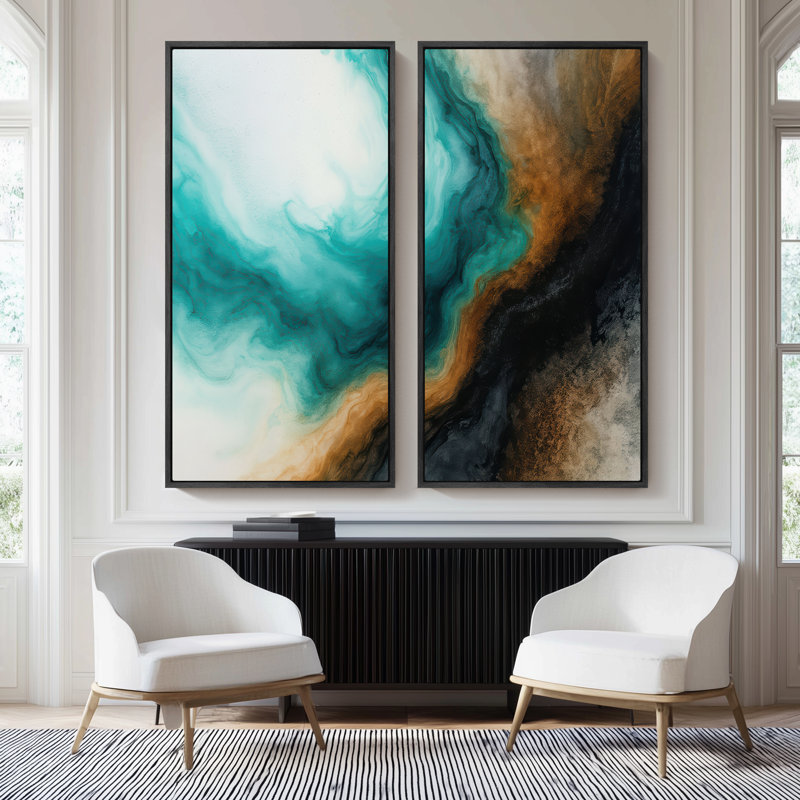 «Teal Fluid Ink Swirl Abstract for Office», ensemble de 2 reproductions d'art encadrées sur toile, H 60 po x l 30 po, Noir