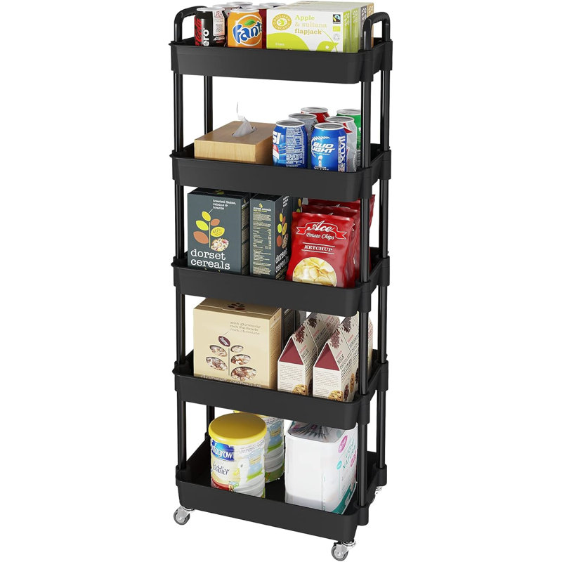 5-Tier Rolling Cart with Wheels,Multifunction Utility Storage carts, Kitchen Storage Organizer,Mobile Shelving Unit, Black