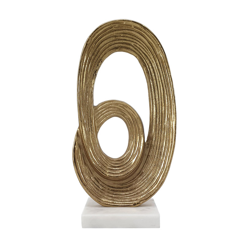 4" Abstract Gold Swirling Sculpture On White Marble Base, 13.50" H x 6.90" W x 4" D