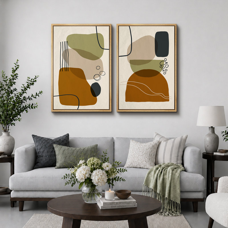 Reproduction de style Mid-Century brun vert et gris, symbole de collage de formes abstraites modernes sur toile, 2 pièces