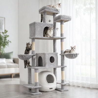 Whisker 78.7" Multi-Cat Tree Tower with 2 Cat Condos 2 Plush Hammocks Sisal Scratching Posts and Interactive Toys