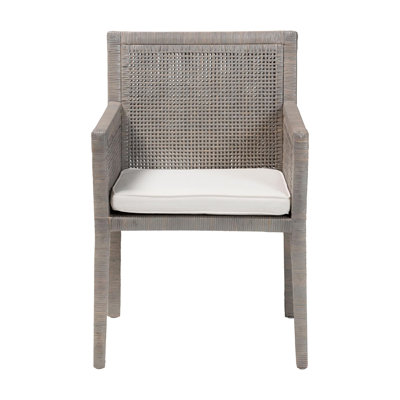 Bali & Pari Karis Rattan Dining Chair With Cushion - Handwoven Wicker Armchair With Mahogany Wood Frame, Coastal Boho Style Indoor Seating, French Grey