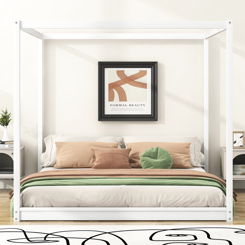 King Size Canopy Bed With Assertive Slats, White - Bedroom Ease Support, Attraction, White
