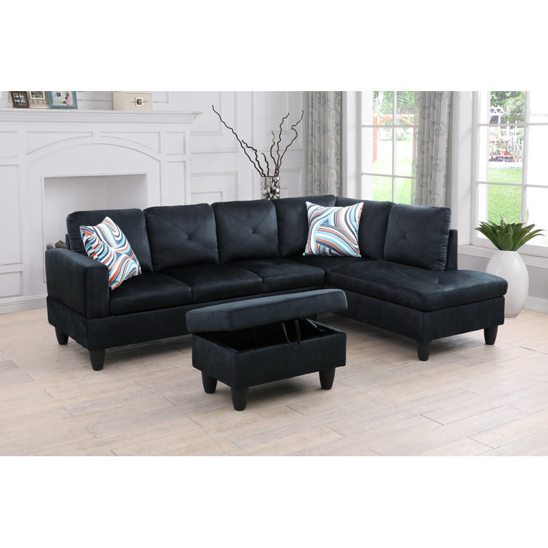Grey Sackcloth Fabric L style Left Hand Facing Living Room Sofa Set, with ottoman, Left Hand Facing, Spanish Gray Linen