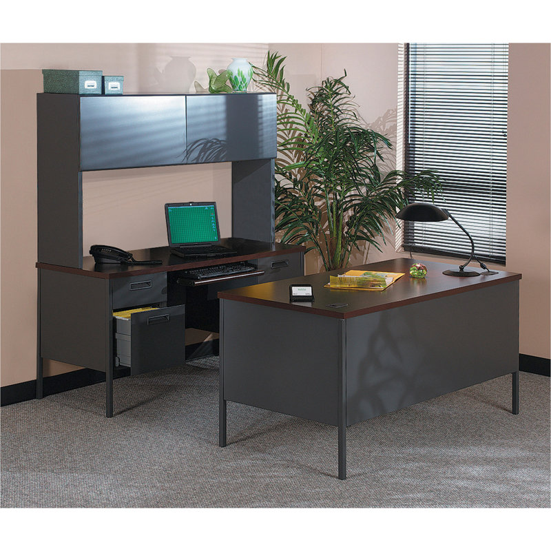Executive Mahogany Charcoal Steel Pedestal Desk with Drawer and Filing Cabinet
