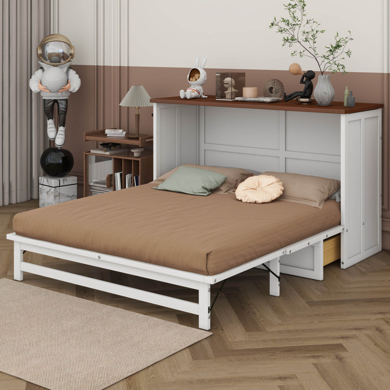 Tillio Solid Pine Murphy Bed Cabinet With Charging Station, Large Storage Drawer, Buildable Bed Frame, Queen