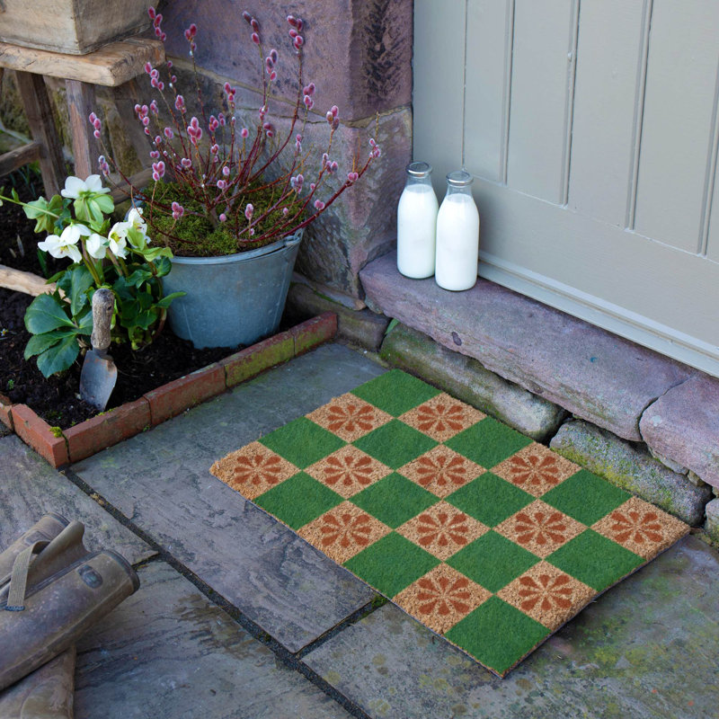 Petal Checkerboard Coir Doormat, 60cm W x 90cm L, Green/Yellow