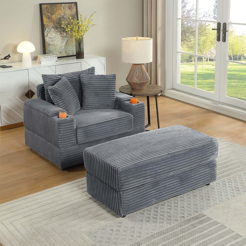 Luxueux canapé en velours côtelé avec 2 coussins décoratifs et repose-pieds, confort profond pour la détente dans le salon
