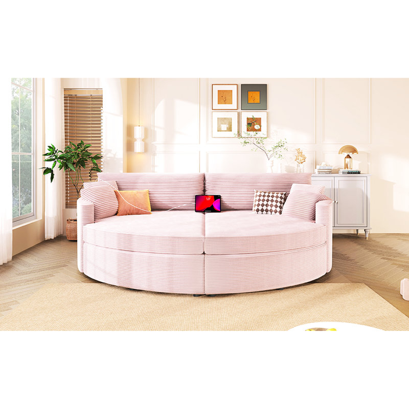 Chaise longue double rose de 260 cm de profondeur, revêtement en velours côtelé et ports de chargement